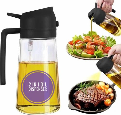 2-in-1 Dual-Function Oil Sprayer & Dispenser around 500ml Leak-Proof Glass Bottle, oil dispenser, oil bottle, glass oil bottle, hand free oil bottle