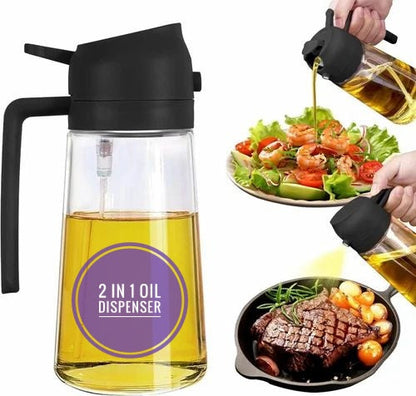 2-in-1 Dual-Function Oil Sprayer & Dispenser around 500ml Leak-Proof Glass Bottle, oil dispenser, oil bottle, glass oil bottle, hand free oil bottle