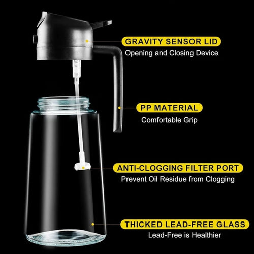 2-in-1 Dual-Function Oil Sprayer & Dispenser around 500ml Leak-Proof Glass Bottle, oil dispenser, oil bottle, glass oil bottle, hand free oil bottle