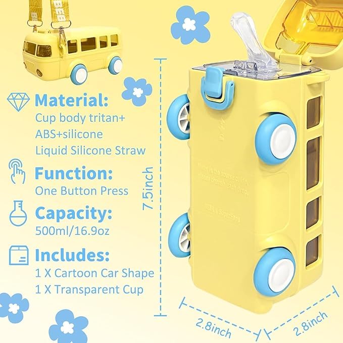 2-in-1 School Bus Toy Water Bottle (500ml) | BPA-Free & Leak-Proof, Toy water bottle with wheels, Leak-proof school water bottle, Creative kids' hydration, Toddler bus toy bottle, Kids bottle with shoulder strap.