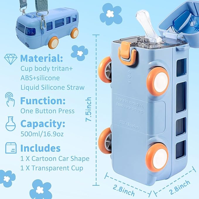 2-in-1 School Bus Toy Water Bottle (500ml) | BPA-Free & Leak-Proof, Toy water bottle with wheels, Leak-proof school water bottle, Creative kids' hydration
