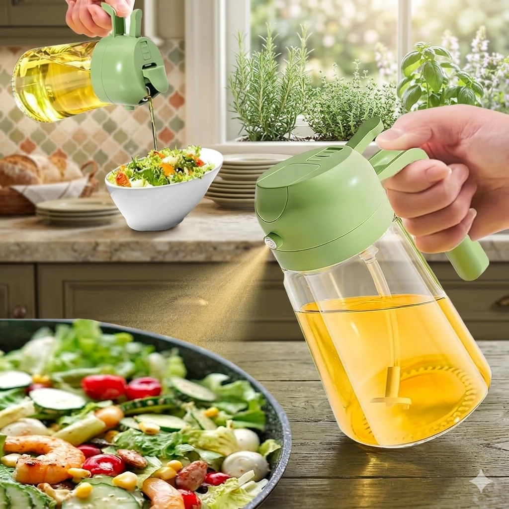 2 in 1 Oil Spray Dispenser Bottle 500ml Green Cap Glass Oil Sprayer & Pourer for Kitchen Cooking, Olive Oil, Vinegar & Salad Dressing