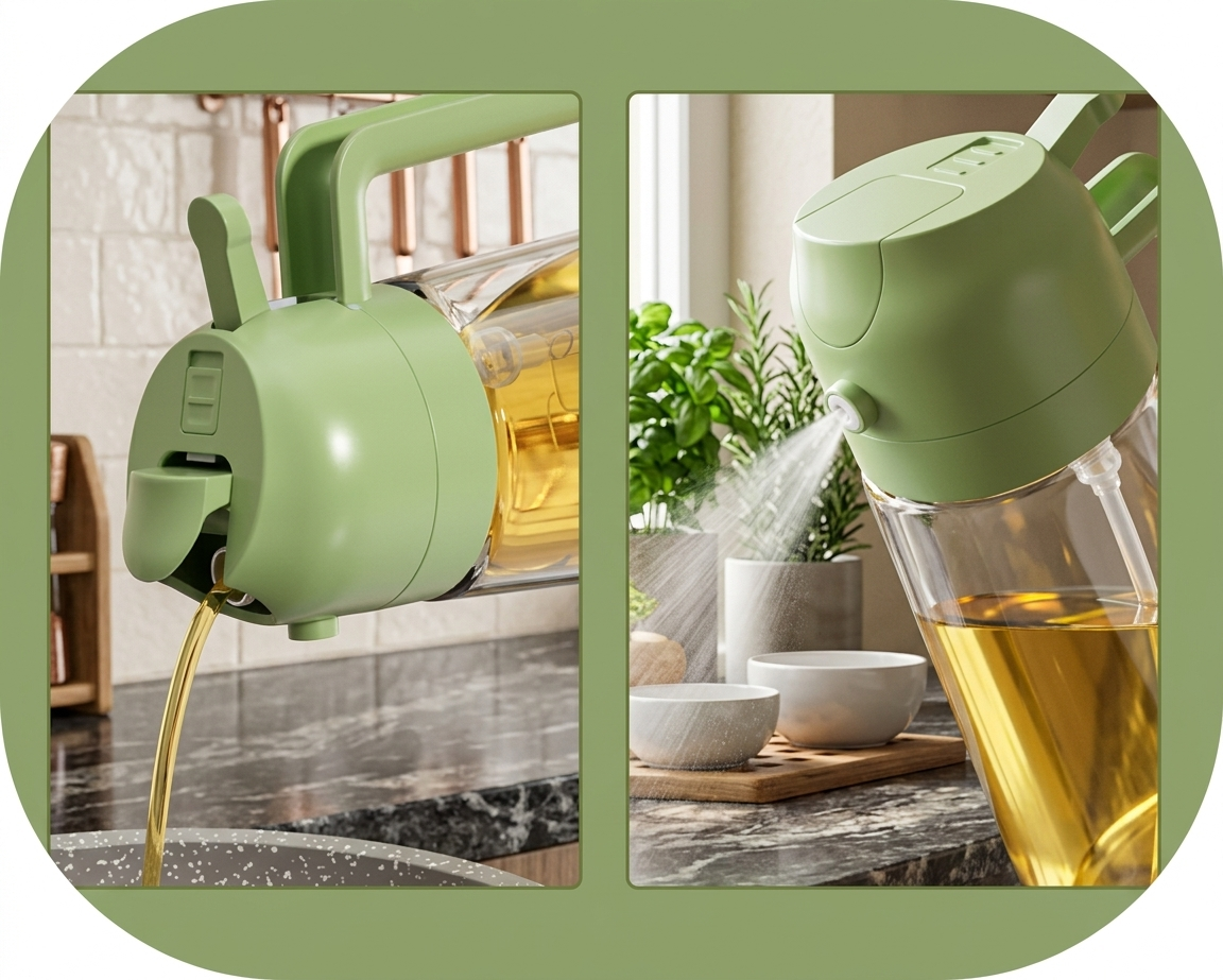2 in 1 Oil Spray Dispenser Bottle 500ml Green Cap Glass Oil Sprayer & Pourer for Kitchen Cooking, Olive Oil, Vinegar & Salad Dressing