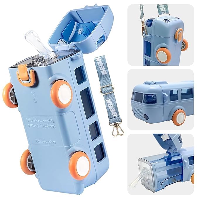 2-in-1 School Bus Toy Water Bottle (500ml) | BPA-Free & Leak-Proof, Toy water bottle with wheels, Leak-proof school water bottle, Creative kids' hydration, Toddler bus toy bottle, Kids bottle with shoulder strap.