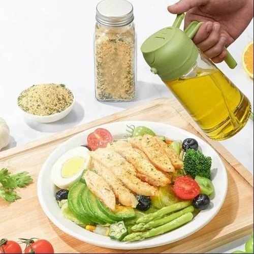 2 in 1 Oil Spray Dispenser Bottle 500ml Green Cap Glass Oil Sprayer & Pourer for Kitchen Cooking, Olive Oil, Vinegar & Salad Dressing