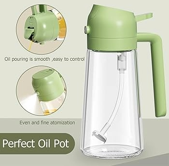 2 in 1 Oil Spray Dispenser Bottle 500ml Green Cap Glass Oil Sprayer & Pourer for Kitchen Cooking, Olive Oil, Vinegar & Salad Dressing